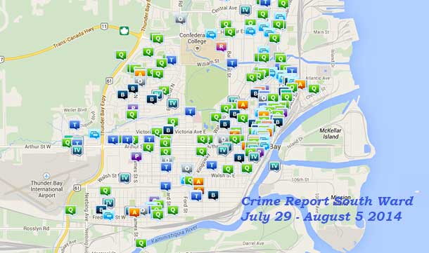 Crime Report showing incidents responded to in Thunder Bay South from July 29 to August 5th