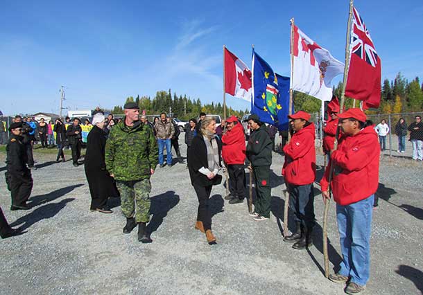 Countess of Wessex inspects an honour guard of Canadian Rangers and Junior Canadian Rangers on her arrival in Kitchenuhmaykoosib