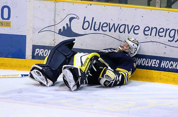 TWolves goaltender Jeff Bosch was helped off the ice late in the game.