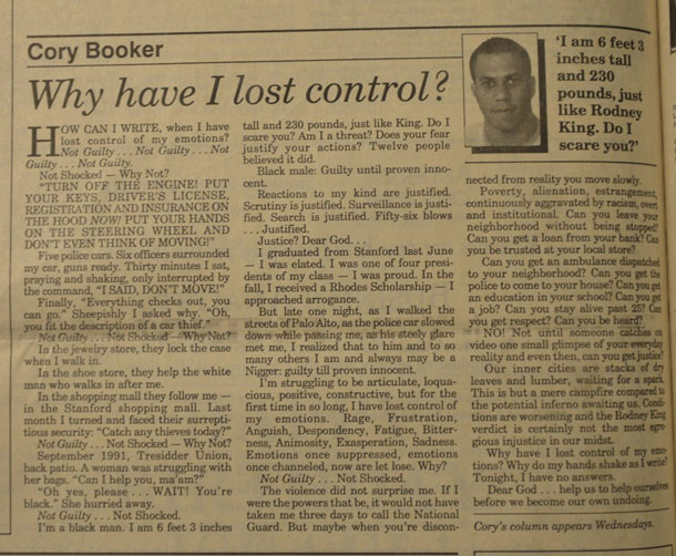 Senator Cory Booker from New Jersey shares his column from the time of the Rodney King Verdict.