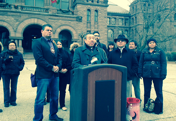 Regional Chief Beardy at the podium after the meetings with the Ontario Government