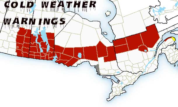 The band of extreme cold warnings stretches from Saskatchewan to Quebec