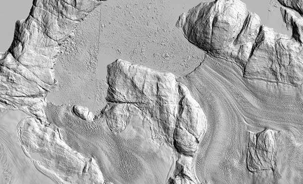 This elevation map of two outlet glaciers in Greenland is part of a set of maps created by researchers at The Ohio State University and the University of Minnesota. The researchers took Worldview satellite data and processed it with Ohio State software. The resulting maps, which made their debut at the American Geophysical Union meeting on Dec. 18, are the highest resolution elevation maps ever created of the study region, which so far covers part of Alaska and the Greenland Ice Sheet. Shown here are the outlet glaciers Sermeq Silardleq (middle top) and Kangigdleq (middle bottom).  Credit: The Ohio State University and the University of Minnesota