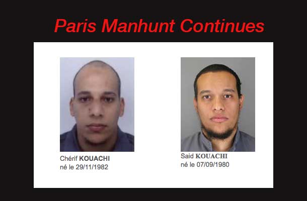 Authorities in Paris remain on attack alert as the manhunt for two suspects in the terror attack on Charlie Hebdo continue