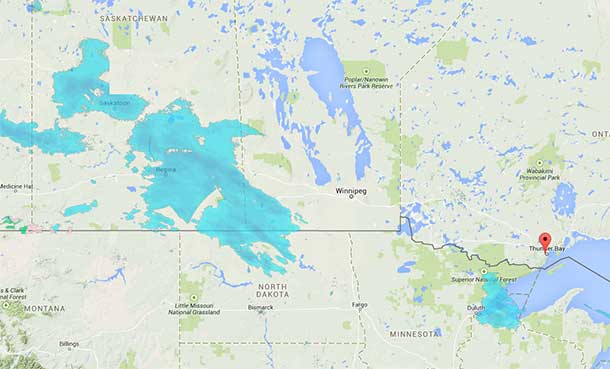 Weather map showing winter storm forecast for Thunder Bay