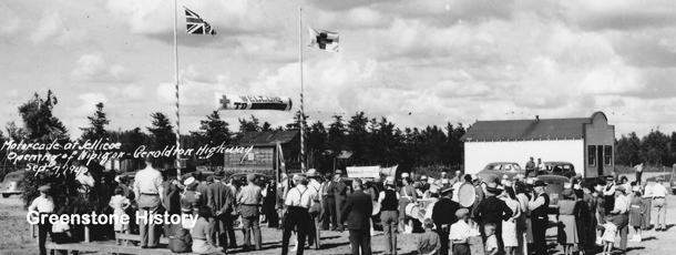 On September 7, 1940, the highway between Nipigon and Geraldton officially opened.  A motorcade made stops and officials made speeches at key points such as Jellicoe.  Thunder Bay Public Library photo.