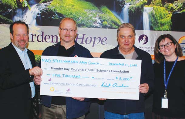 , Herb Daniher, local USW Staff Representative together with Bruce Frost, Northwestern Ontario Steelworkers Area Council President present their $5,000 donation on behalf of its membership and fallen brethren (see sidebar) to Andrea Docherty, Program Director, Regional Cancer Care Northwest and Glenn Craig, President and CEO of the Health Sciences Foundation. “The Exceptional Cancer Care campaign is truly a regional initiative benefiting all of the people of Northwestern Ontario,” says Daniher.