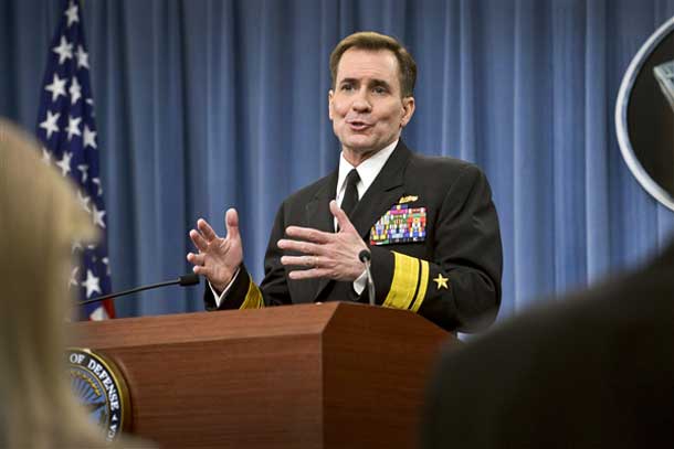 Pentagon Press Secretary Navy Rear Adm. John Kirby takes questions during a press briefing at the Pentagon, Feb. 13, 2015. Kirby updated reporters on recent attacks in Iraq by the Islamic State in Iraq and the Levant. DoD photo by Glenn Fawcett
