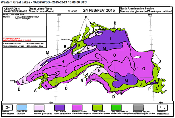 Green is Thick Ice. Thunder Bay and the harbour show thick ice. Source: Environment Canada