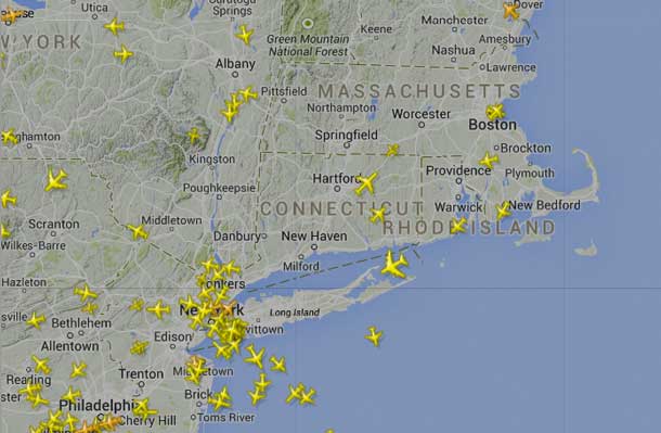 Air Traffic over New York, Boston and other major airports is down on Monday, February 2 2015