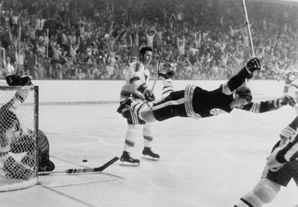 Perhaps one of the most famous moments in NHL Hockey History. Bobby Orr scores to win the Stanley Cup