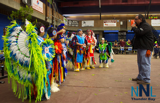 Saturday Morning - First Time youth dancers receiving words of encouragement from Nathan Moses - Pow Wow MC