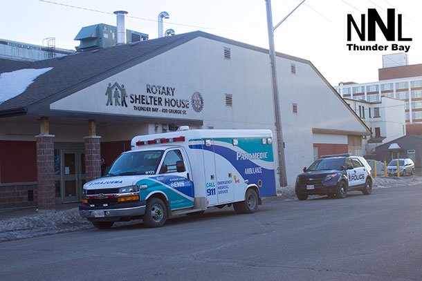 Thunder Bay Police unit and Superior EMS Unit at Shelter House