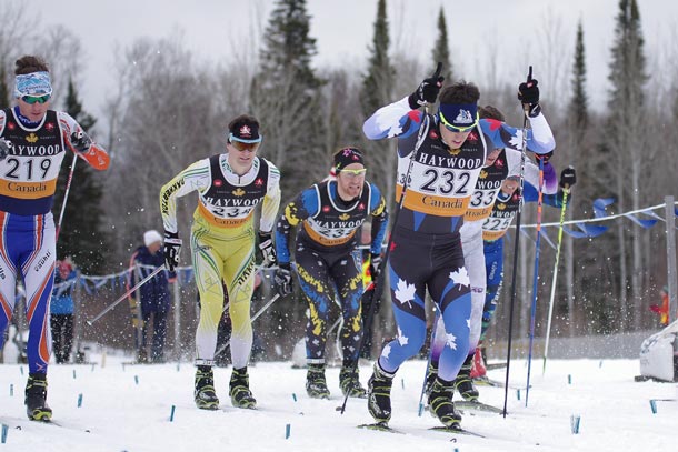 OPEN MEN's Start. bib 232 Andy Shields of Lappe Nordic leads the pack out the start gate.