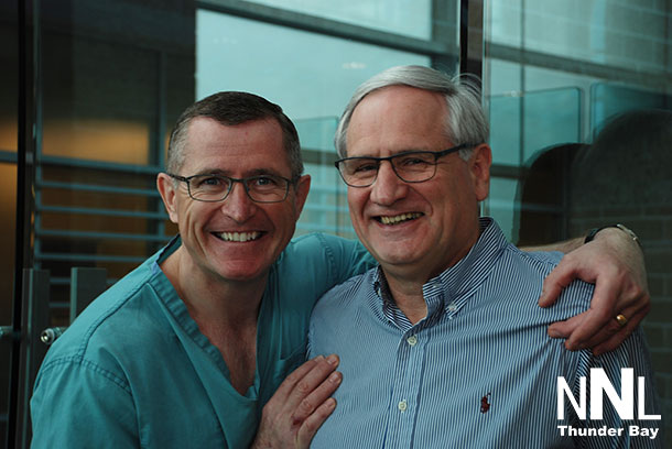 Dr. Bill McCready, (right) is pictured alongside colleague, Dr. David Puskas (left). Dr. McCready, the Chief of Staff and Interim President & CEO, Thunder Bay Regional Health Sciences Centre (effective Spring 2015) was greatly inspired to make a $10,000 gift to the Exceptional Cancer Care Campaign