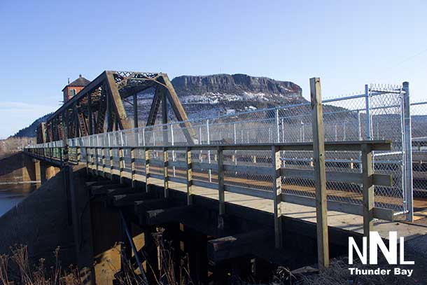 CN Rail James Street Swing Bridge with Mount McKay in the background