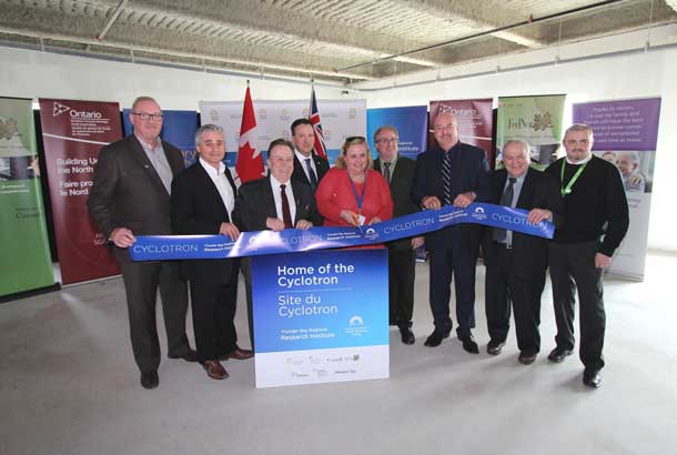 (L-R) Paul Fitzpatrick, Chair, Exceptional Cancer Care Campaign Cabinet, Bill Mauro, MPP for Thunder Bay-Atikokan, Michael Gravelle, MPP for Thunder Bay-Superior North, Minister of Northern Development and Mines, NOHFC, Hon. Greg Rickford, MP, Kenora, Minister of Natural Resources, FedNor, Andrée Robichaud, President & CEO, TBRHSC, Acting CEO, TBRRI, Dr. Michael Campbell, Director, Research and Cyclotron Operations, TBRRI, Mayor Keith Hobbs, City of Thunder Bay, Dr. Gary Polonsky, Board Chair, TBRRI, Keith Taylor, Co-Chair, Patient Advisory Council