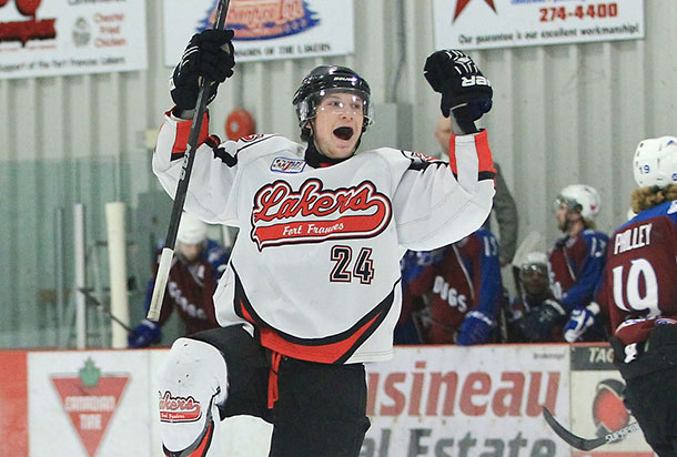 Robbie Bonthron, No. 24, of the Fort Frances Lakers celebrates a first period goal in the win over the Dryden GM Ice Dogs - Photo credit: Tim Bates/OJHL Images