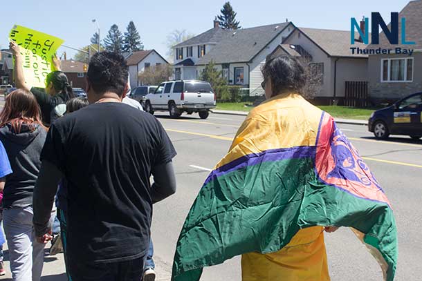 NAN Deputy Grand Chief Fiddler walks with Mishkegogaming Chief Grey McKay