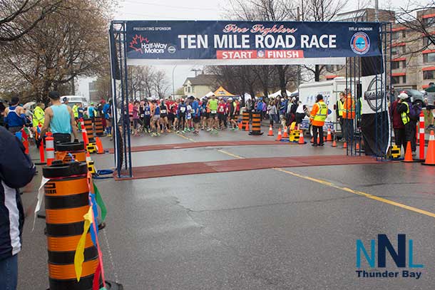 Racers getting ready at the start of the Firemans Ten Mile Road Race 