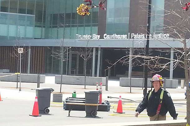 An unidentifed Thunder Bay Fire Fighter at the Thunder Bay Court House