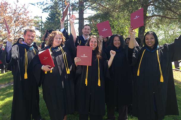 From left to right: Paul Robitaille, Cheyanne Degagne, Anton Bokhanchuk, Bobbi-Lee Anderson, Sandra Fox and Reeni Rajan celebrate their graduation at Confederation’s 2015 Convocation ceremony.