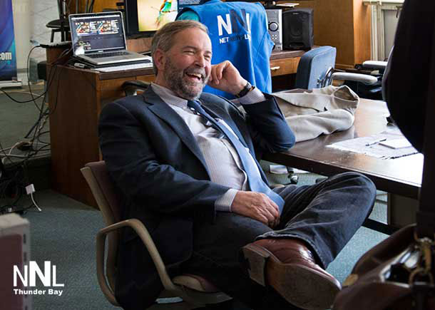 New Democrat leader Tom Mulcair in a lighter moment at the NNL Office in Thunder Bay