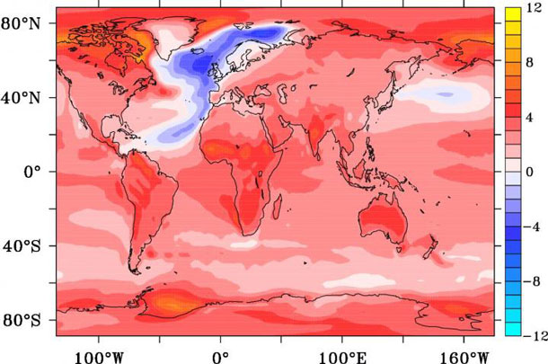 This is a temperature anomaly in degrees Celsius after 95 years from the onset of an AMOC collapse.