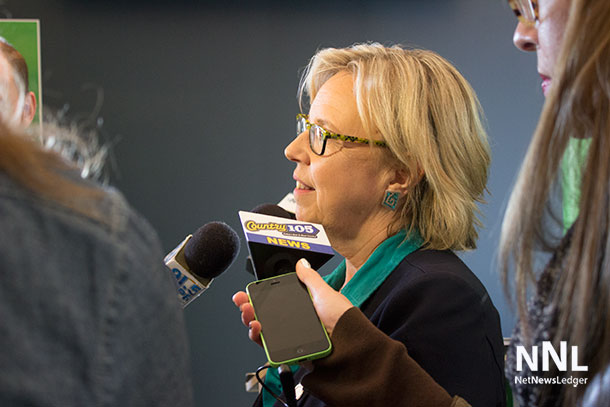 Green Party Leader Elizabeth May speaks with media at Press Conference in Thunder Bay 