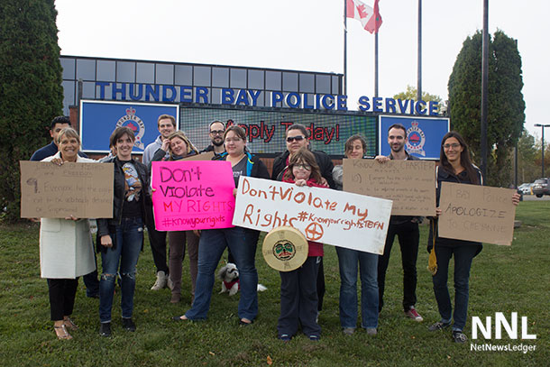 Lakehead University Law Students rally outside of Thunder Bay Police Headquarters on Balmoral