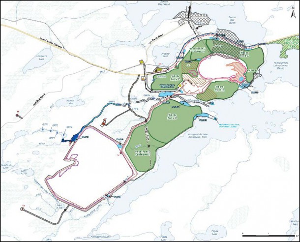 The project development area measures approximately 9 by 3 kilometres, bounded on three sides by Kenogamisis Lake. Mining operations will utterly transform this area. Image by Greenstone Gold Mines.