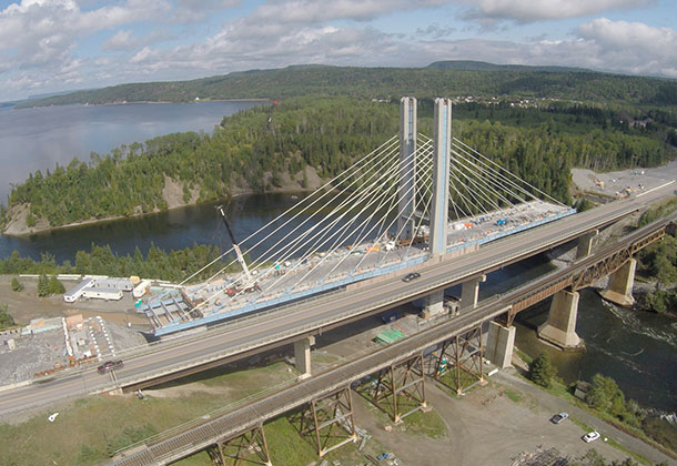 Hatch Mott MacDonald is providing construction administration and technical oversight of the new Nipigon River Bridge, Ontario-s first cable-stayed bridge. Located along the TransCanada Highway east of Thunder Bay, the $106 million bridge is scheduled to open in the near future. (CNW Group/HATCH)