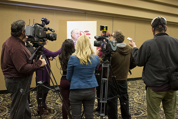 Former Prime Minister Paul Martin in Thunder Bay with media after keynote address