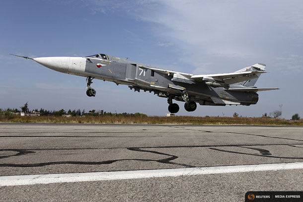 A Sukhoi Su-24 fighter jet takes off from the Hmeymim air base near Latakia, Syria, in this file handout photograph released by Russia's Defence Ministry October 22, 2015. REUTERS/Ministry of Defence of the Russian Federation/Handout via Reuters/Files