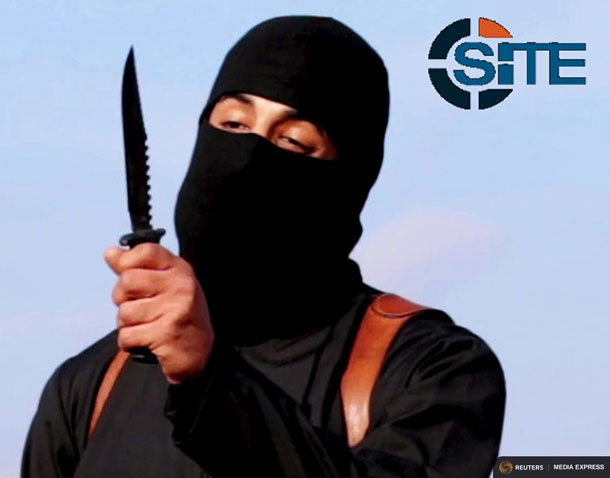 A masked, black-clad militant, who has been identified by the Washington Post newspaper as a Briton named Mohammed Emwazi, brandishes a knife in this still file image from a 2014 video obtained from SITE Intel Group February 26, 2015. REUTERS/SITE Intel Group/Handout via Reuters/Files