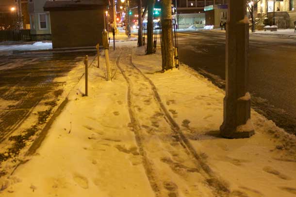Sidewalk along Donald Street East in Thunder Bay at 6:00PM on December 14 2015 hours after snowfall stopped