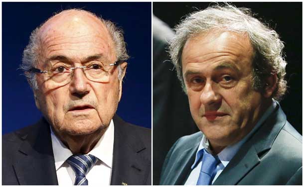 FIFA President Sepp Blatter addressing a news conference at the FIFA headquarters in Zurich, Switzerland June 2, 2015 and UEFA President Michel Platini (R) attending the 65th FIFA Congress in Zurich, Switzerland, May 29, 2015. REUTERS/Ruben Sprich/Files