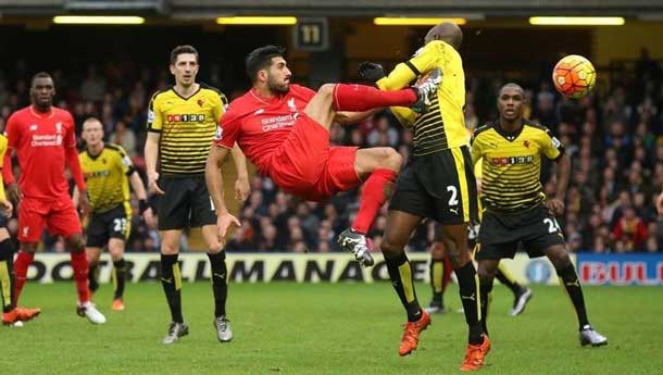 Football Soccer - Watford v Liverpool - Barclays Premier League - Vicarage Road - 20/12/15 Liverpool's Emre Can and Watford's Allan Nyom in action Reuters / Cathal McNaughton Livepic