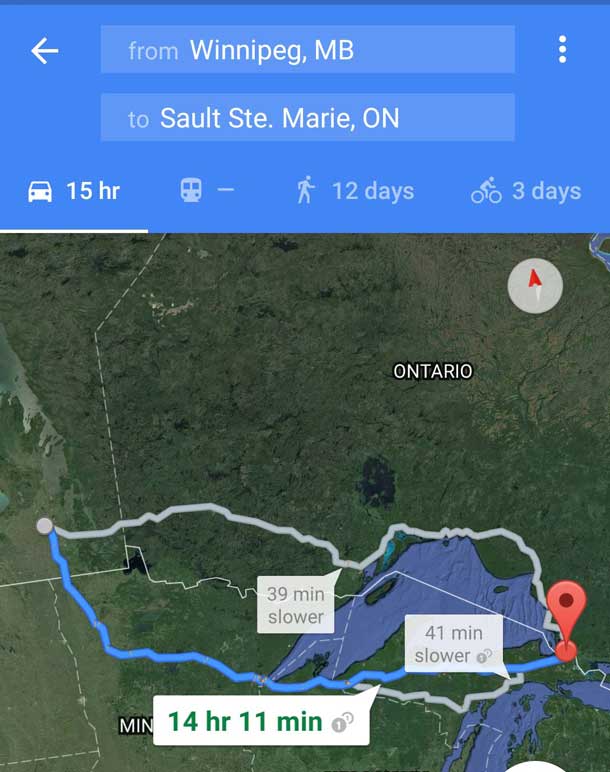 Map showing one alternative route from Winnipeg to Sault Ste Marie