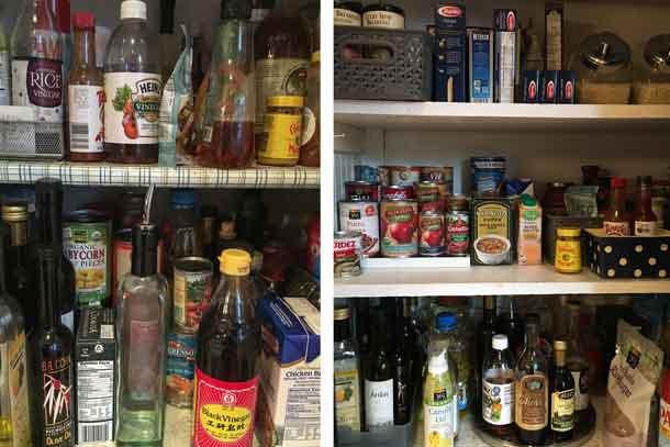 The pantry before (left) and after being cleaned out and organized. Credit: Copyright 2016 Tina Caputo