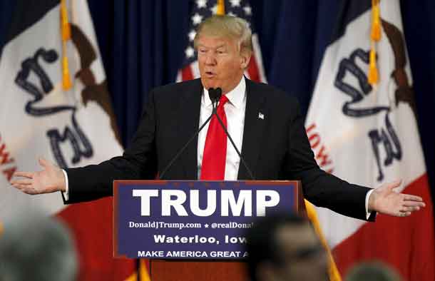 U.S. Republican presidential candidate Donald Trump speaks at a campaign rally on caucus day in Waterloo, Iowa February 1, 2016. REUTERS/Rick Wilking