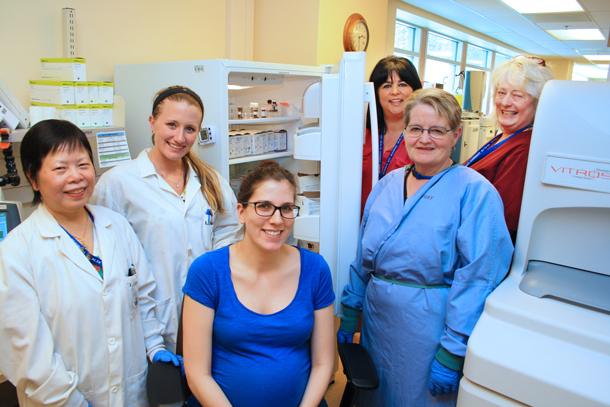 Thanks to a Family CARE Grant, medical laboratory technologists (MLTs) at the Health Sciences Centre no longer have to walk to the other side of the lab for supplies, speeding up test times for better patient care. From left, Lucy Chow, Renee McLeod, Alyssa Sabatini, Georgia Carr, Marion Petersen, and Sheila Prus.