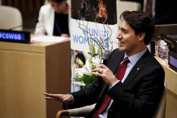 Canadian Prime Minster Justin Trudeau speaks during a high level event on Gender Equality And Global Call To Action On Equal Pay at the United Nations Headquarters in the Manhattan borough of New York, March 16, 2016. REUTERS/Adrees Latif