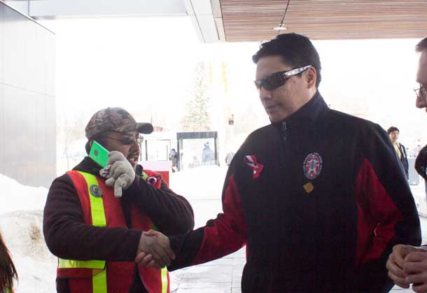 NAN Deputy Grand Chief Derek Fox greets Robert Barkman at Court House