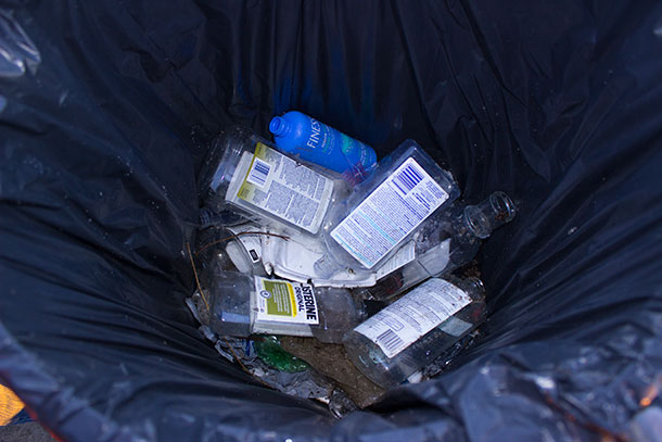 Just some of the almost sixty bottles of mouthwash and hairspray gathered up by the volunteers from the VCC