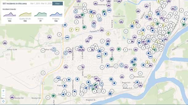 Crime Map for March shows incidents - numbers on the map are for multiple incidents at the same address