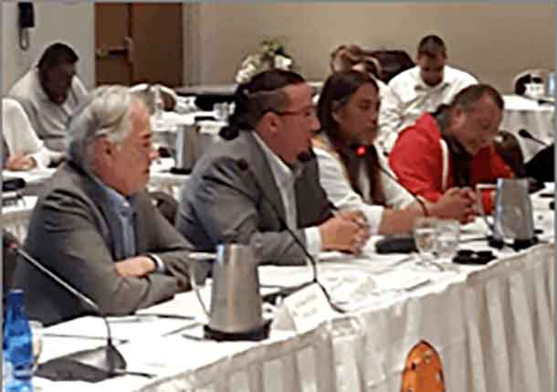 Left to right: AFN Regional Chief Ghislain Picard, AMC Grand Chief Nepinak, Mohawk of Kahnasatake Grand Chief Serge Simon and Dene Nation Chief Bill Erasmus unified on energy sovereignty in Quebec City