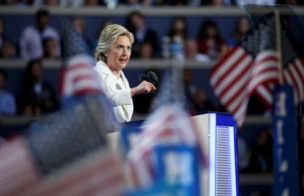 Democratic presidential nominee Hillary Clinton accepts the nomination on the fourth and final night at the Democratic National Convention in Philadelphia, Pennsylvania, U.S. July 28, 2016. REUTERS/Lucy Nicholson