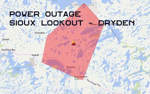 Power is out over a wide area of Northwestern Ontario including Dryden and Sioux Lookout