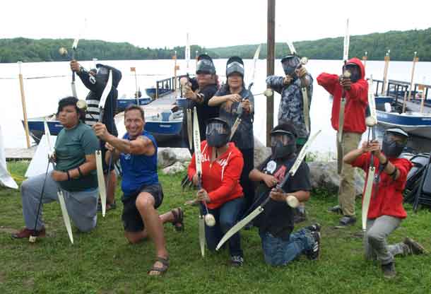 Wabun Chief Marcia Brown-Martel joined in a fun game of archery tag at the Wabun Youth Gathering, held at Horwood Lake Lodge, recently. Back row L-R: Jacy Jolivet, Taylor Macmillan, Chief Brown-Martel, Nigel Neshawabin and Amadeus Neshawabin. Front L-R: Ethan Naveau, Tim Simpson, Pro Sports; Athena Kyle, Logan Black and Dreyden Agawa. 